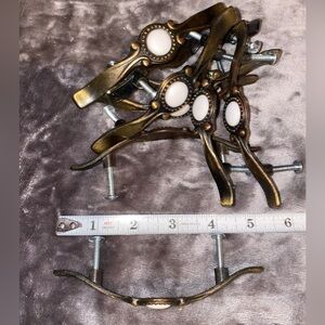 (9) Vintage Brass and Porcelain Drawer Pull Handles with Screws